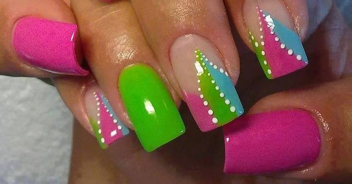 Pink And Green Nails With White Dots Design Nail Art