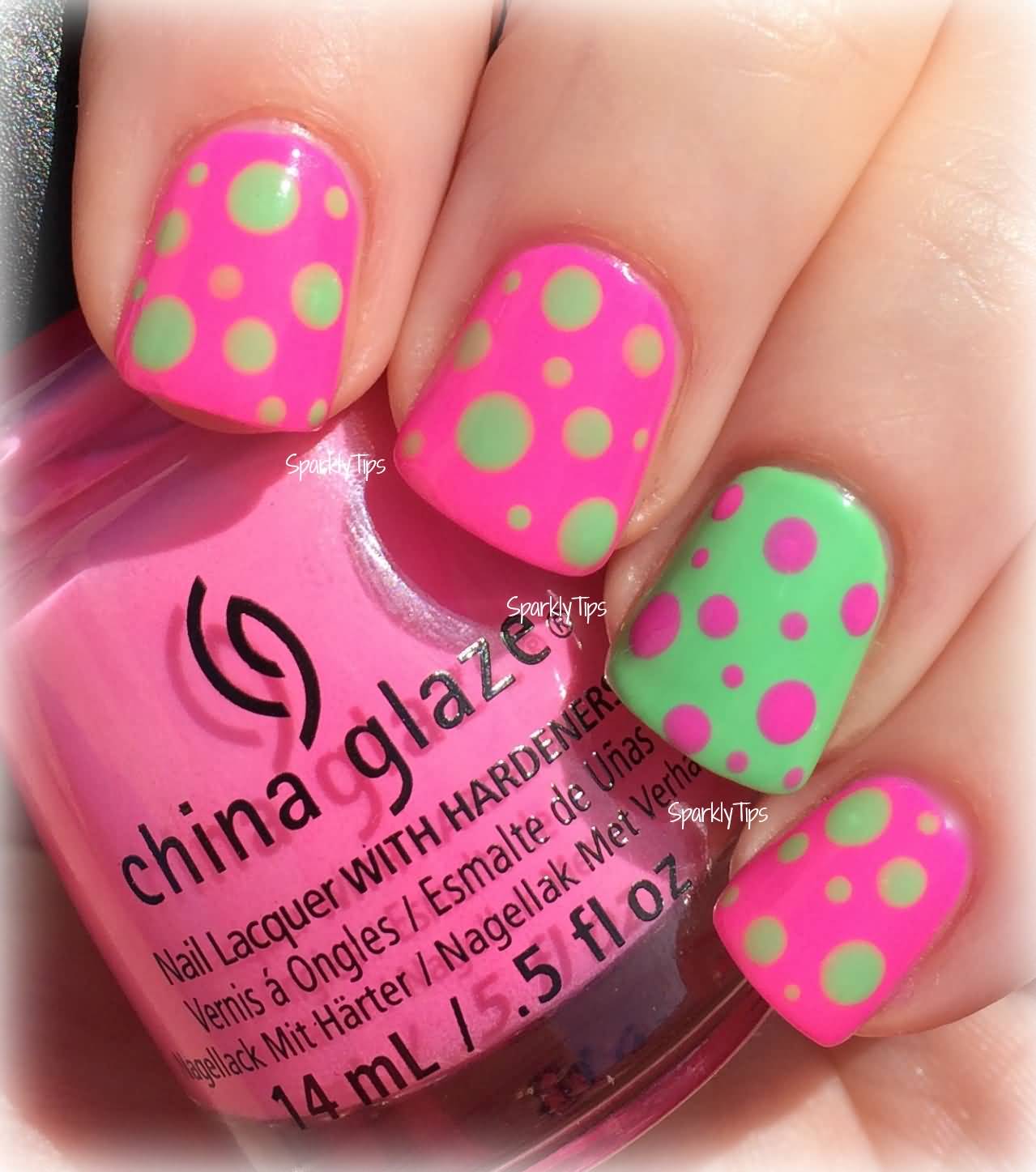 Pink And Green Polka Dots Nail Art