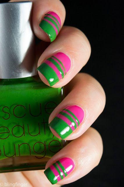 Pink And Green Stripes Nail Art Design Idea