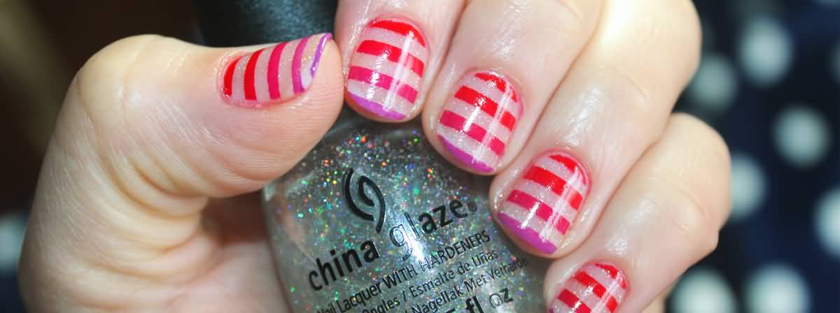Pink And Red Negative Space Stripes Nail Art