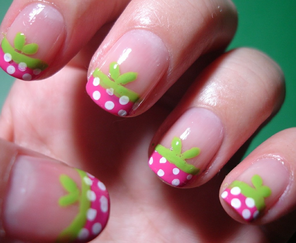 Pink And White Dots Design French Tip With Green Leaf Design Idea