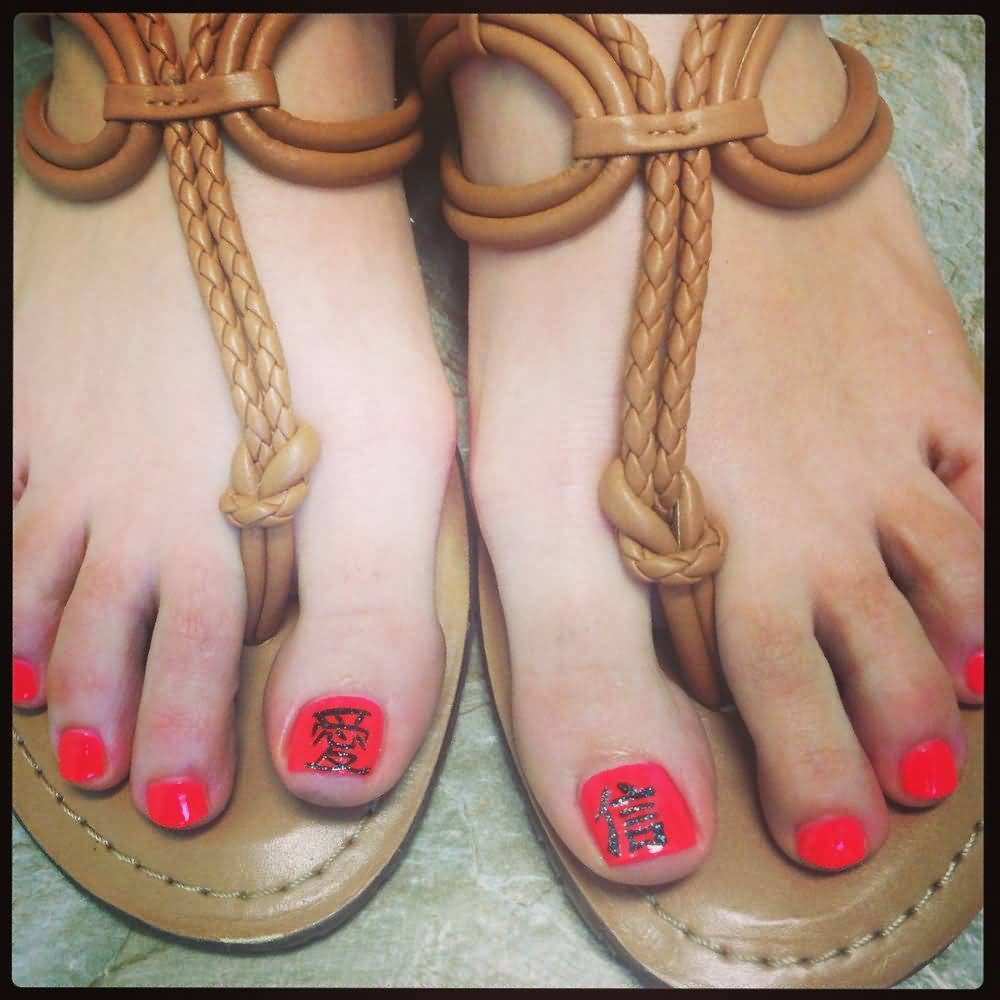 Pink Chinese Toe Nail Art Design Idea