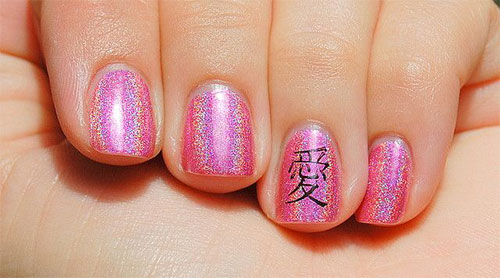 Pink Gel Nails With Accent Chinese Symbol Nail Art Design Idea