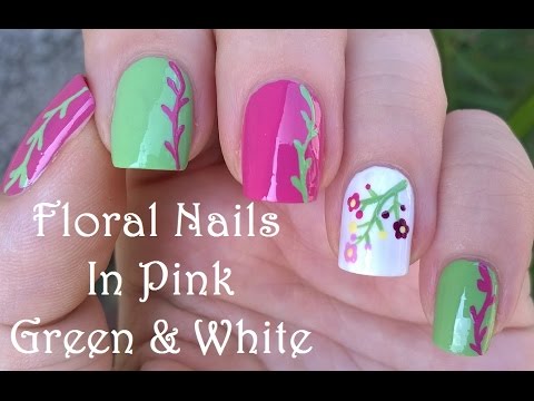 Pink Green And White Floral Nail Art