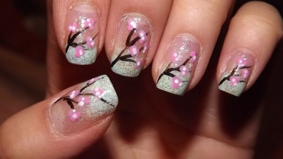 Pink Japanese Flowers Nail Art