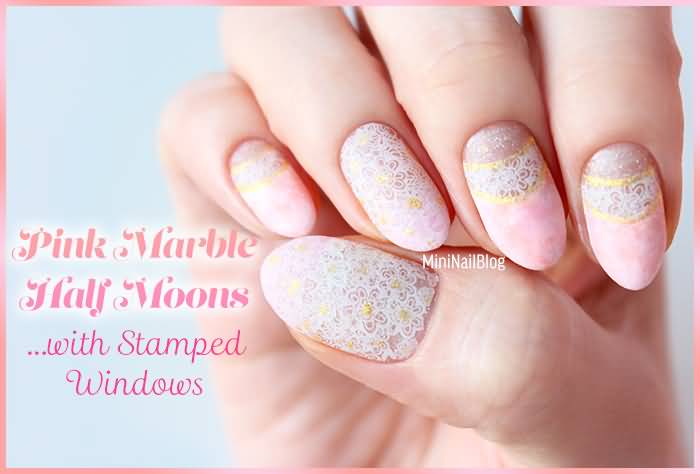 Pink Marble Half Moon Nail Art With Stamped Windows