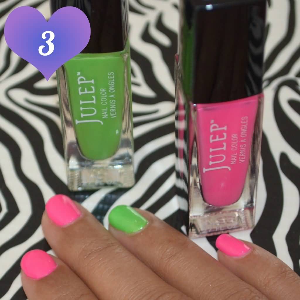 Pink Nails With Accent Green Nail Art