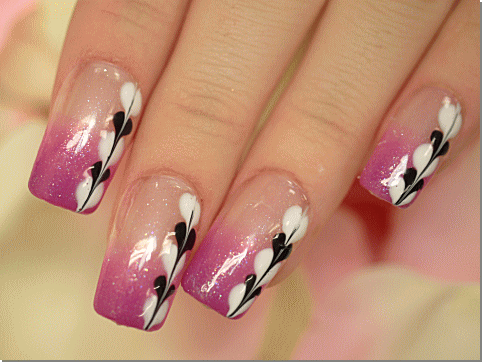 Pink Nails With Black And White Hearts Design Japanese Nail Art