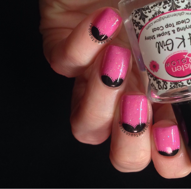 Pink Nails With Black Heart Half Moon Nail Art