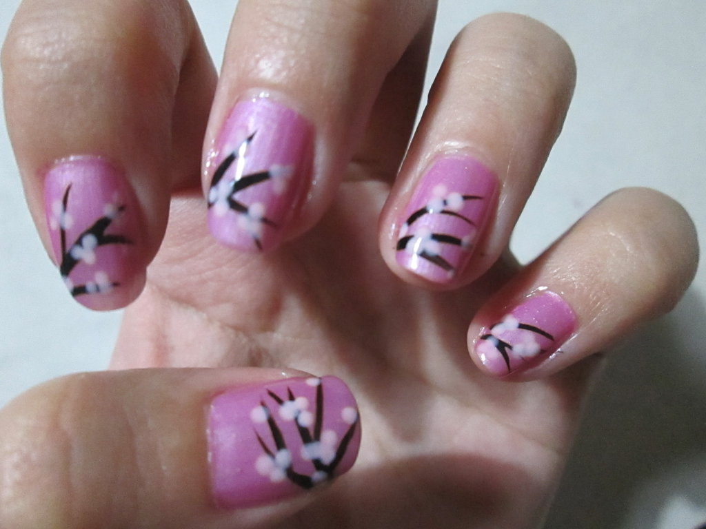 Pink Nails With Chinese Tree Design Nail Art By Rishamu
