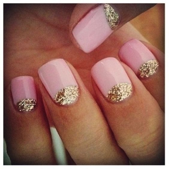 Pink Nails With Gold Glitter Half Moon Nail Art