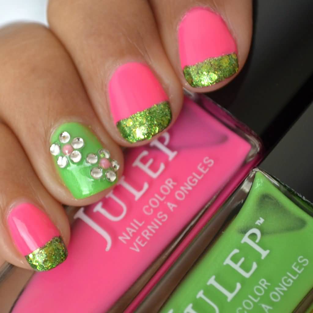 Pink Nails With Green Glitter Tip And Rhinestones Flower Design Idea