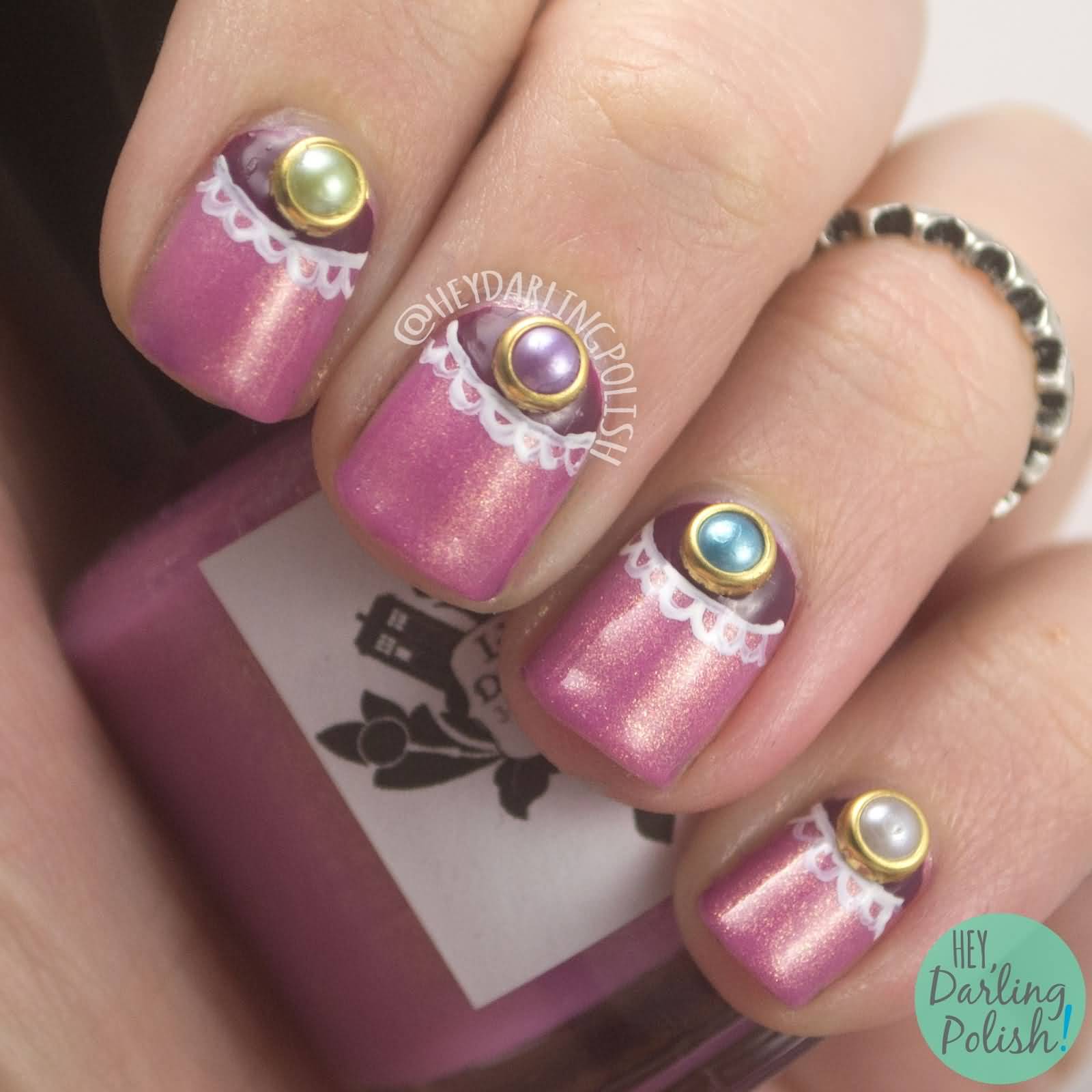 Pink Nails With Pearls Design Half Moon Nail Art