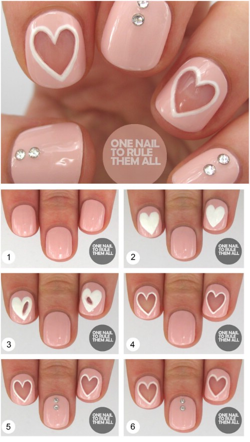 Pink Negative Space Heart Nail Art Design
