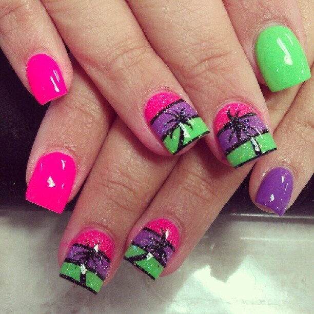 Pink Purple And Green Nails With Palm Tree Design Idea