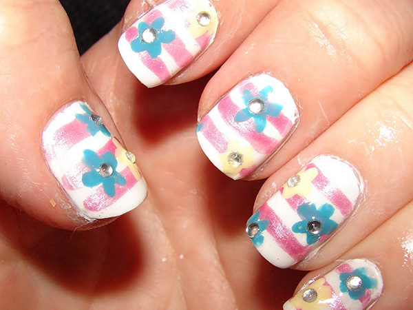 Pink Stripes And Blue Flowers Japanese Nail Art
