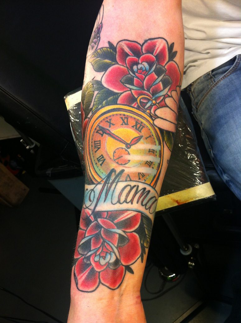 Pocket Watch With  Mom Rose Flowers Traditional Tattoo On Forearm