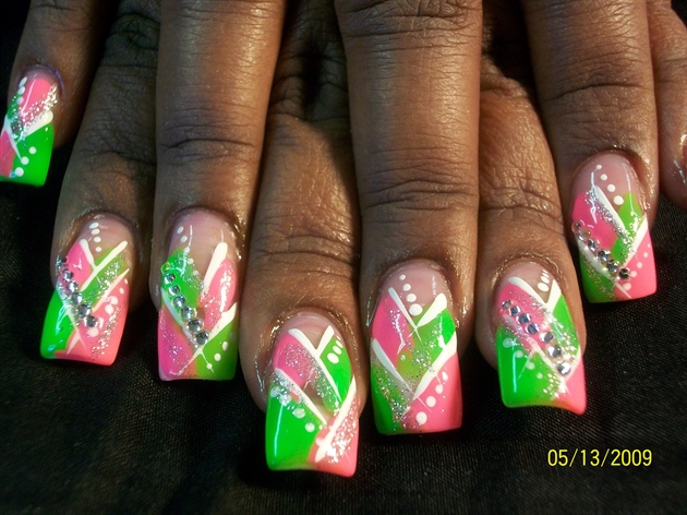 Pretty Pink And Green Nail Art With White Dots Design Idea