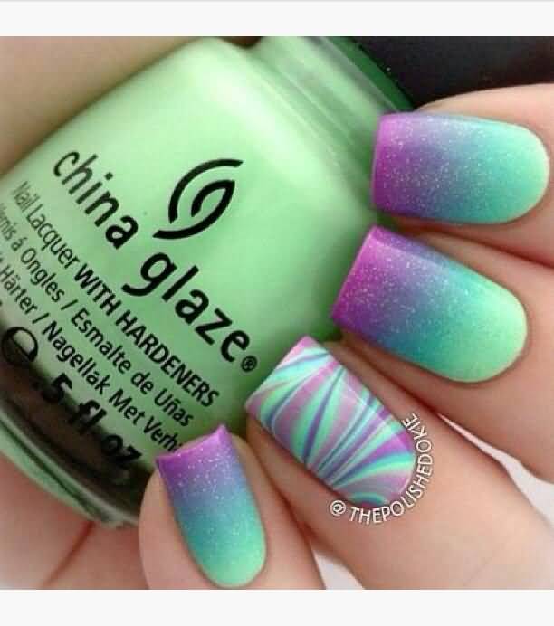 Purple And Green Gradient Water Marble Nail Art