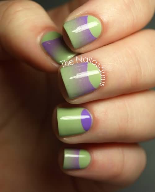 Purple And Green Half Moon Nail Art Design Idea