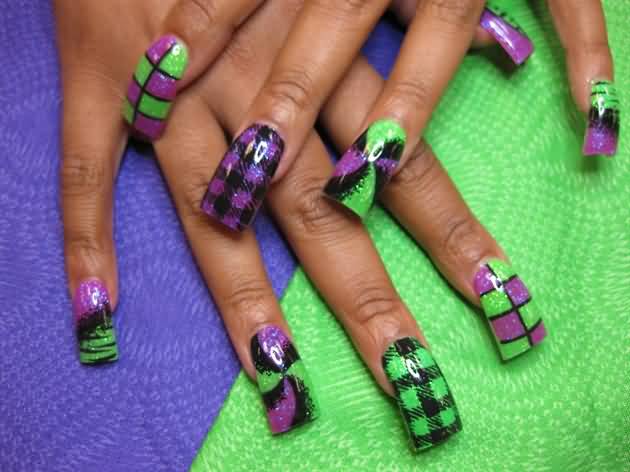 Purple And Green Nail Art Designs