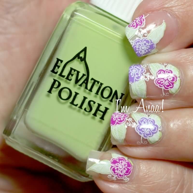 Purple And Pink Flowers Negative Space Nail Art