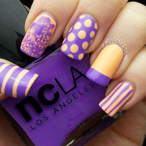 Purple And Yellow Polka Dots And Stripes Nail Art