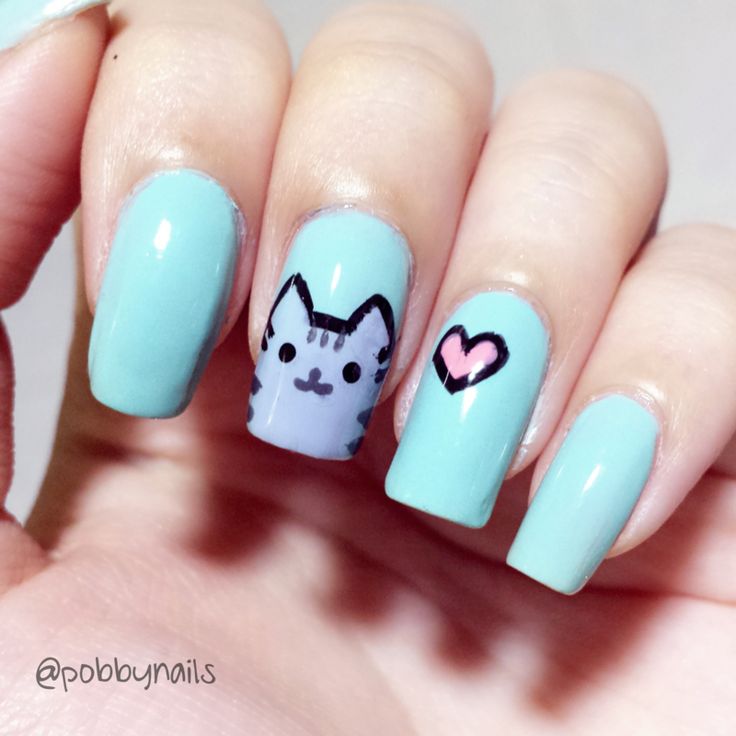 Purple Cat And Pink Heart Japanese Nail Art