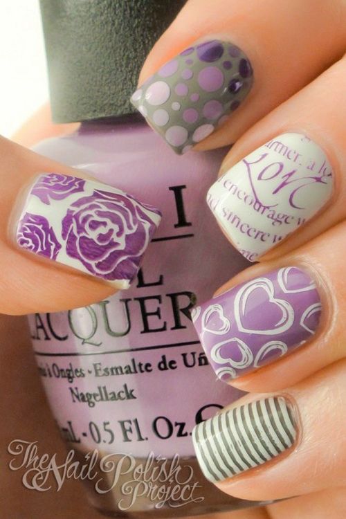 Purple Flowers, Polka Dots And Letters Design Nail Art