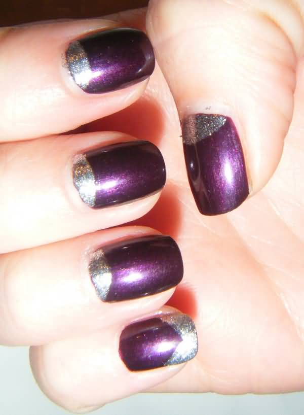 Purple Glossy Nails With Silver Glitter Half Moon Nail Art