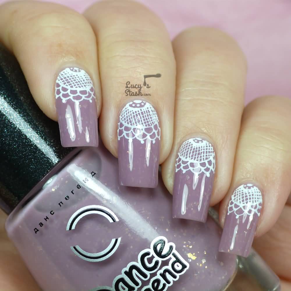 Purple Glossy Nails With White Lace Half Moon Nail Art