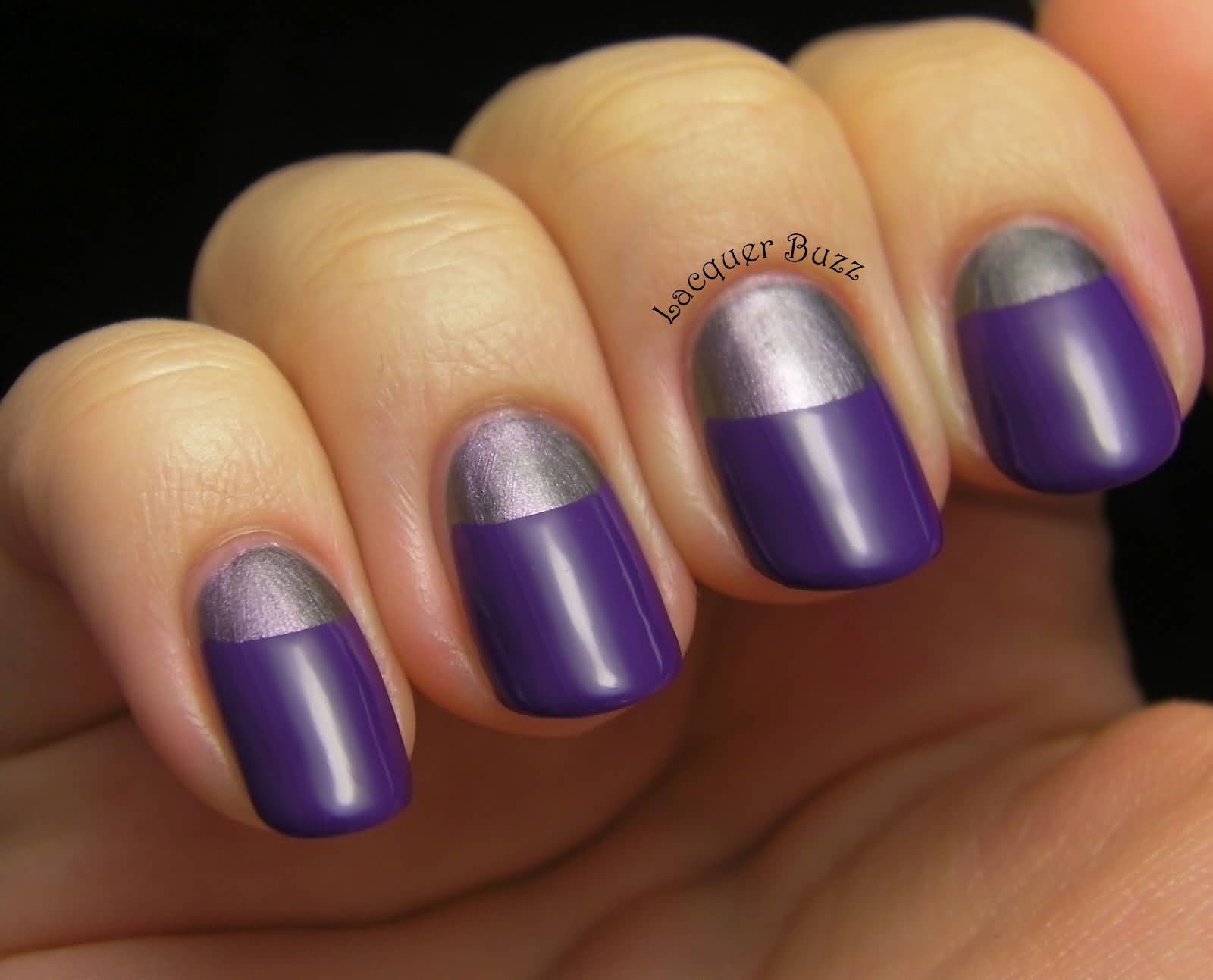 Purple Nails With Silver Half Moon Nail Art