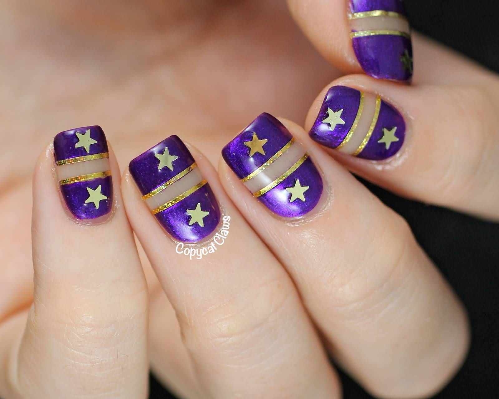 Purple Nails With Stars Negative Space Nail Art