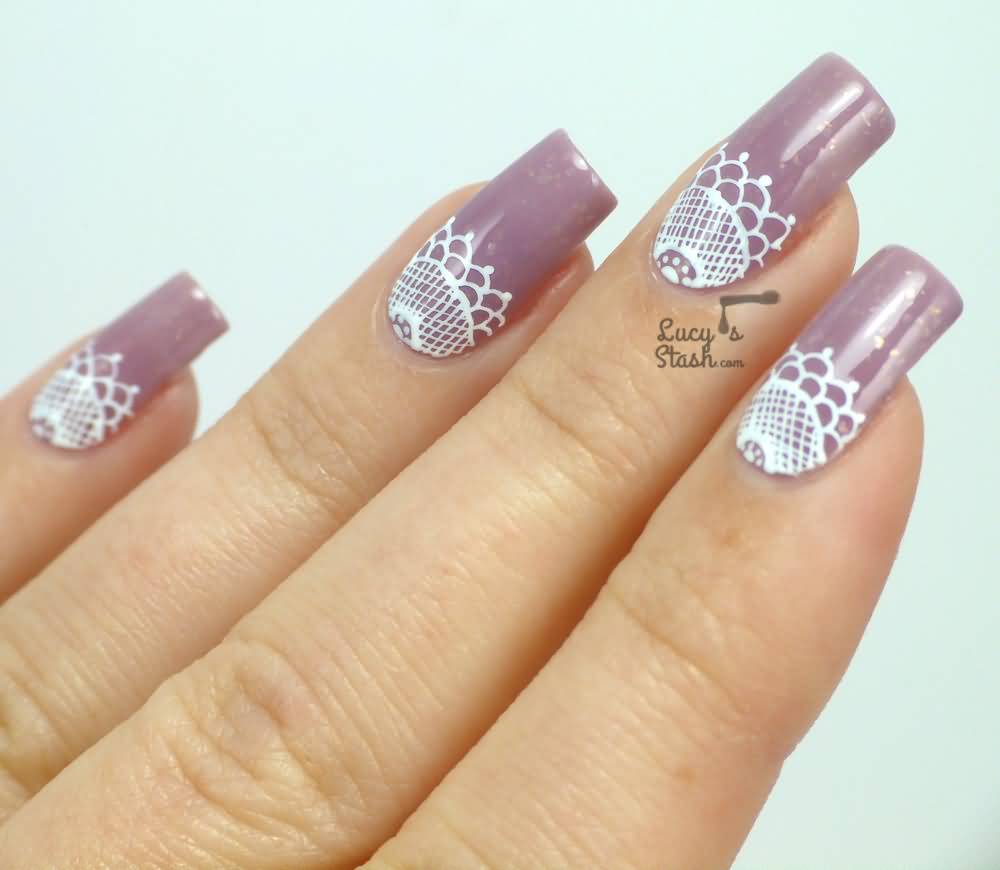Purple Nails With White Lace Half Moon Nail Art
