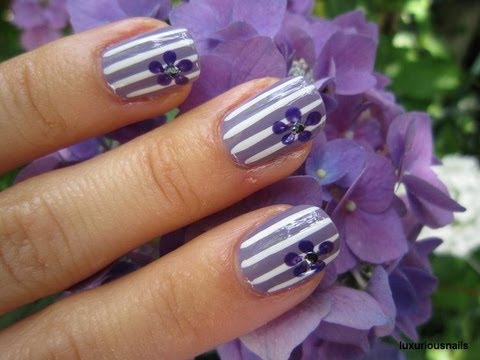 Purple Stripes And Flower Nail Art Tutorial