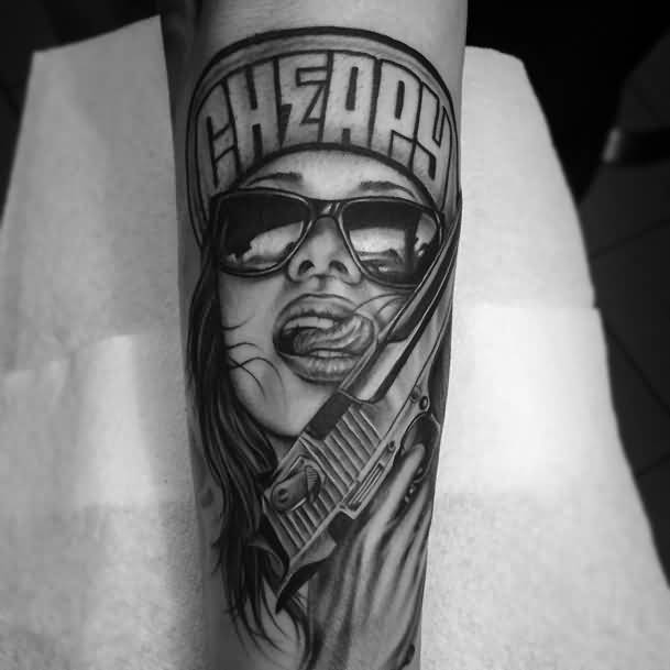 Realistic Gangsta Girl Tattoo On Arm