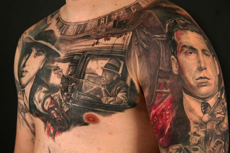Realistic Gangsta Tattoo On Chest And Shoulders For Men