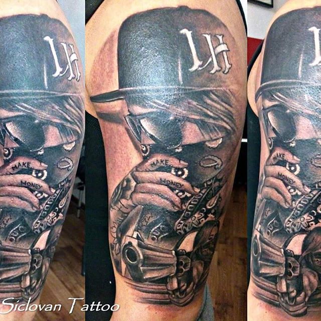Realistic Gangsta With Gun Tattoo On Left Half Sleeve