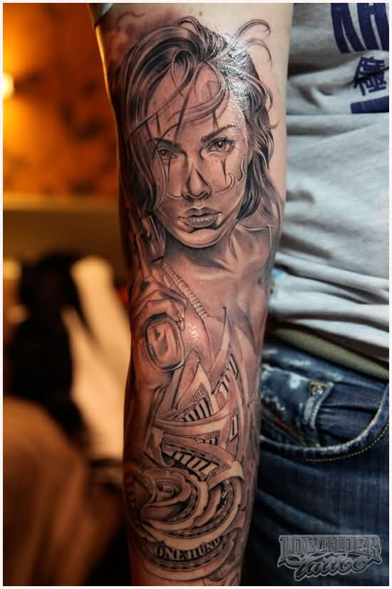 Realistic Grey Ink Gangsta Girl Tattoo On Arm