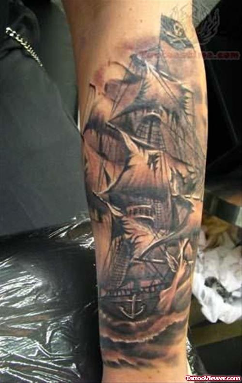 Realistic Grey Jolly Roger Ship Tattoo