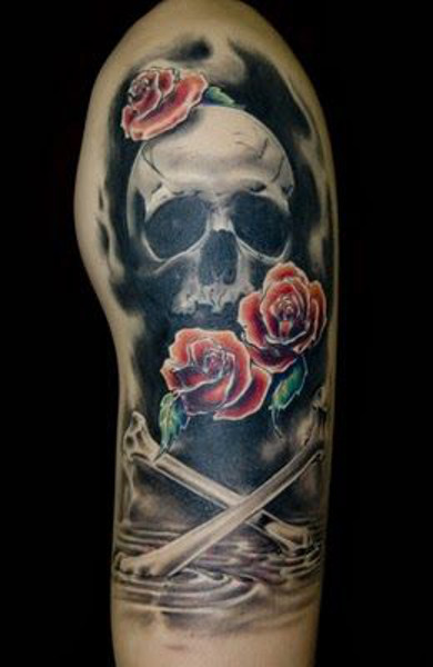 Realistic Jolly Roger And Rose Flowers Tattoo On Left Half Sleeve