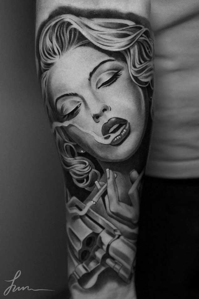 Realistic Marilyn Monroe Gangsta Tattoo On Arm Sleeve