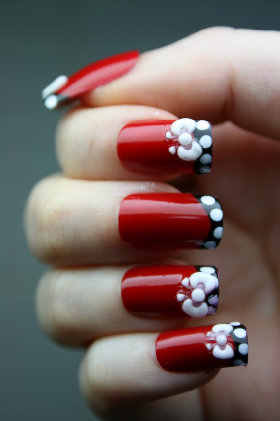 Red And Black Nails With 3D Bows Japanese Nail Art