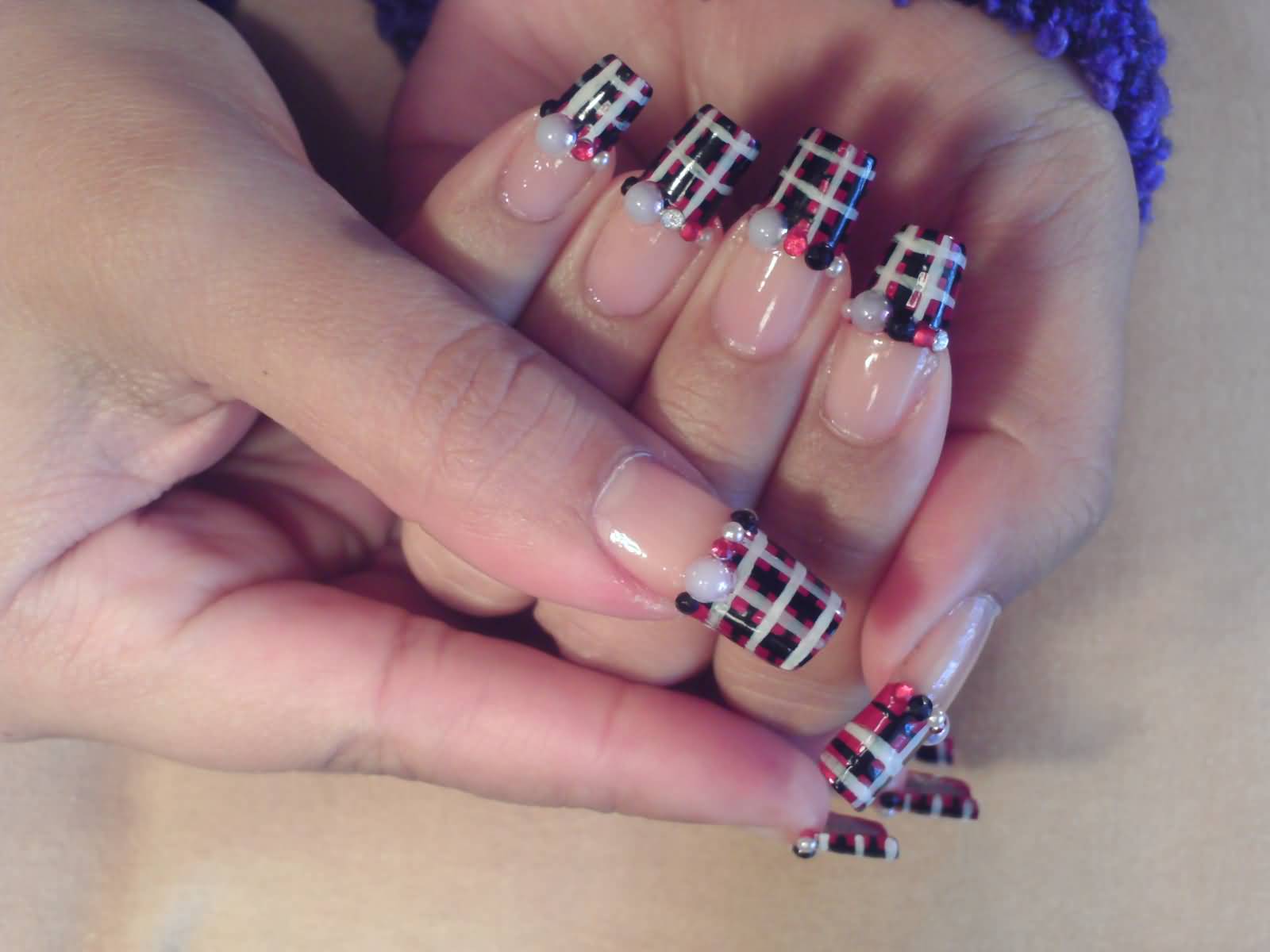 Red And Black Plaids Design And Pearls Japanese Nail Art