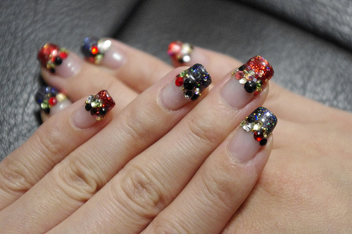 Red And Blue Glitter Tip With Rhinestones Japanese Nail Art Design Idea