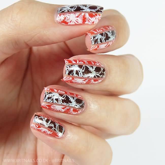 Red And Brown Negative Space Nails With White Flowers Nail Art