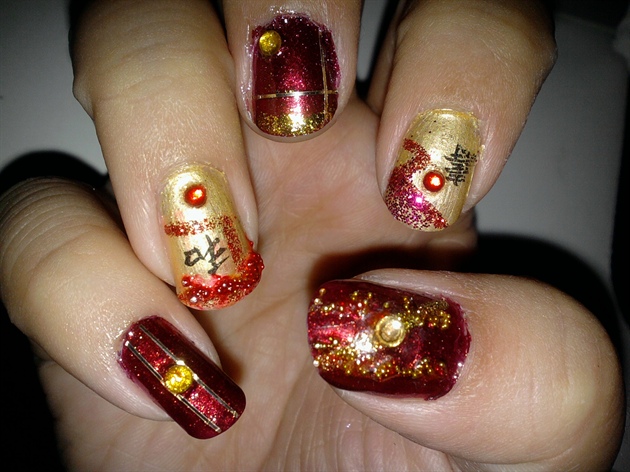 Red And Gold Chinese Design Nail Art Idea