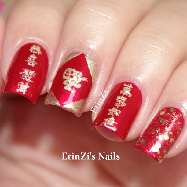 Red And Gold Chinese Nail Art Design Idea