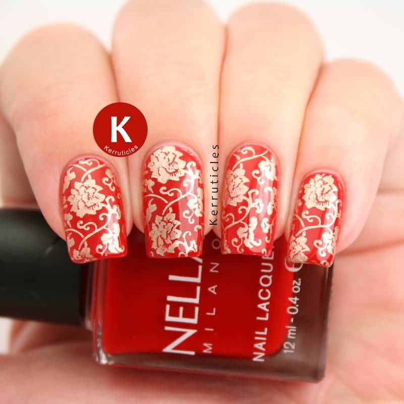 Red And Gold Chinese Pattern Nail Art Design Idea