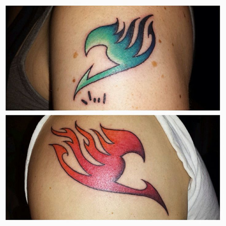 Red And Green Fairy Tail Tattoos On Shoulders